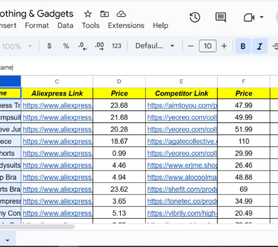 Shopify product listing sheet example from client project